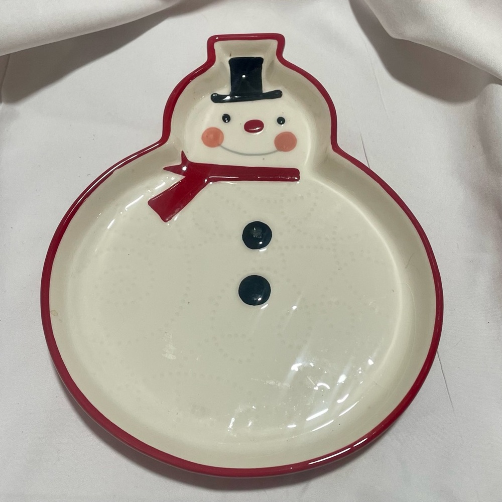Hallmark Exclusive Ceramic Plate Snowman Shaped Dish Christmas Holiday White Red